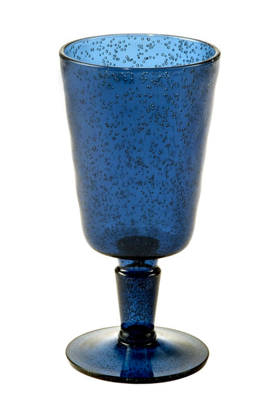 Blue acrylic wine goblet with textured surface and bubble pattern throughout from Memento Acrylic Wine Goblet Collection, set against a white background.