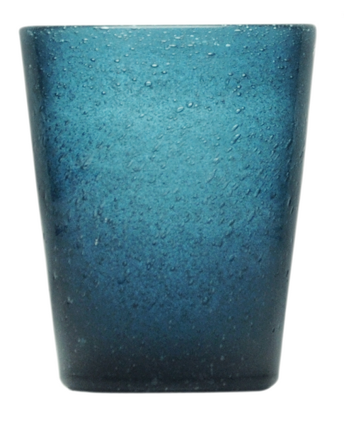 Blue ceramic Memento Acrylic Lowball Tumbler Collection with a textured surface and water droplets, isolated on a white background.
