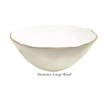 The Demeter Large Bowl from Beatriz Ball’s Encanto Cream Serveware Collection is a durable aluminum alloy bowl with a scalloped rim and thin gold edge, perfect for elegant serving.