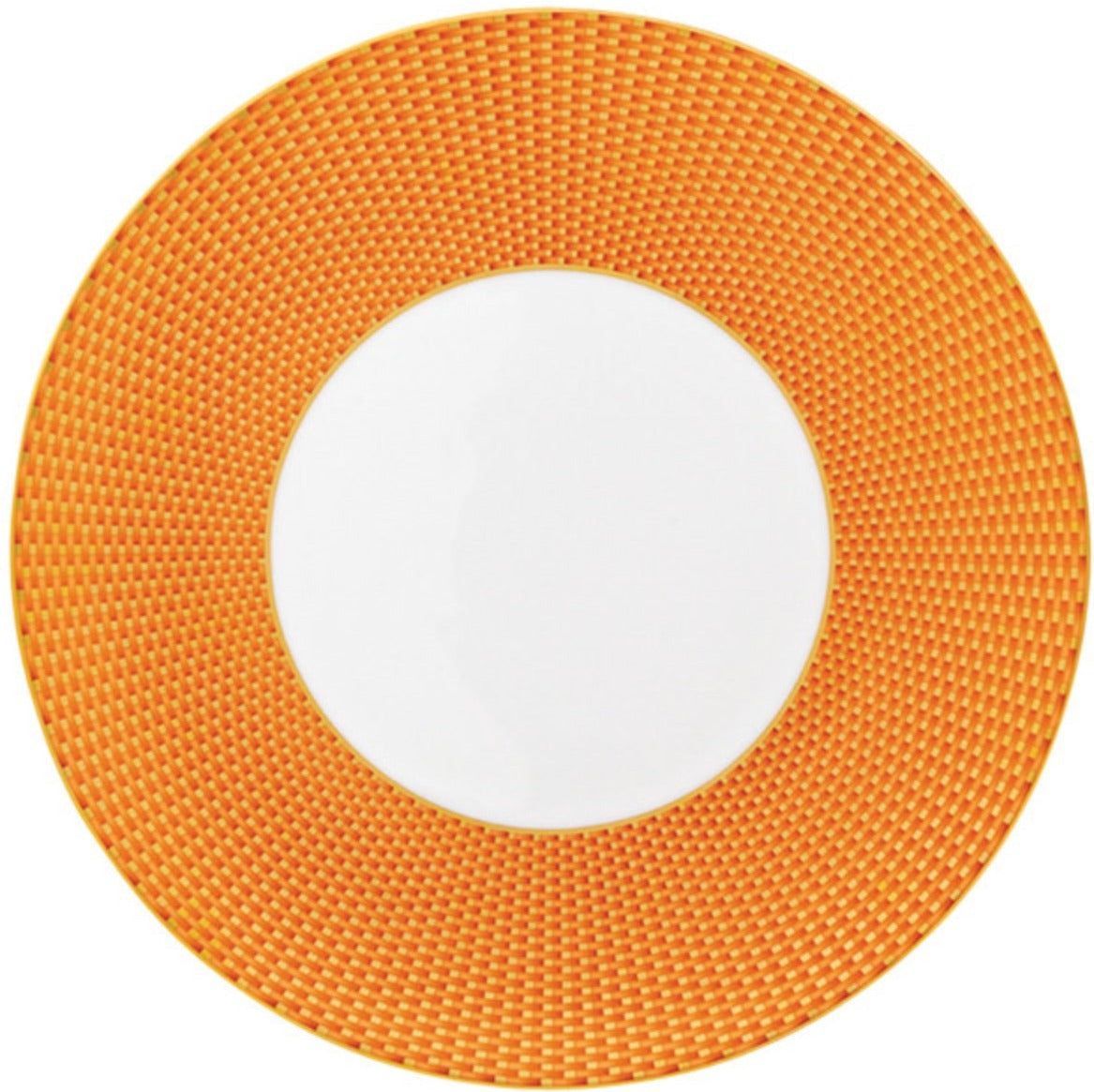 The Tresor Orange Dinnerware Collection by Raynaud features a white porcelain plate with a wide, hand-painted textured orange rim, viewed from above.