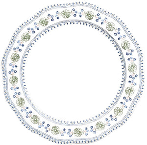 The Juliska Villa Seville Chambray Dinner Plate features a white base with a blue and green floral border inspired by hand-painted tiles, from the Villa Seville Chambray Dinnerware Collection.