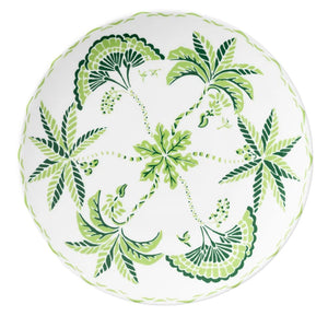 The Cobblers Cove Calypso Dinnerware Collection by Royal Crown Derby features a white ceramic plate with green palm trees and leafy patterns, bringing a refreshing Caribbean vibe to your table.