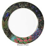 A round dinner plate from the Jardins Du Palais Dinnerware Collection by Gien France, featuring a wide rim with an intricate floral and exotic plant pattern on a dark background.