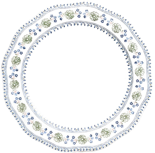 Circular floral dinner plate with intricate blue and green patterns on a white background from the Juliska Villa Seville Chambray Collection by Juliska.