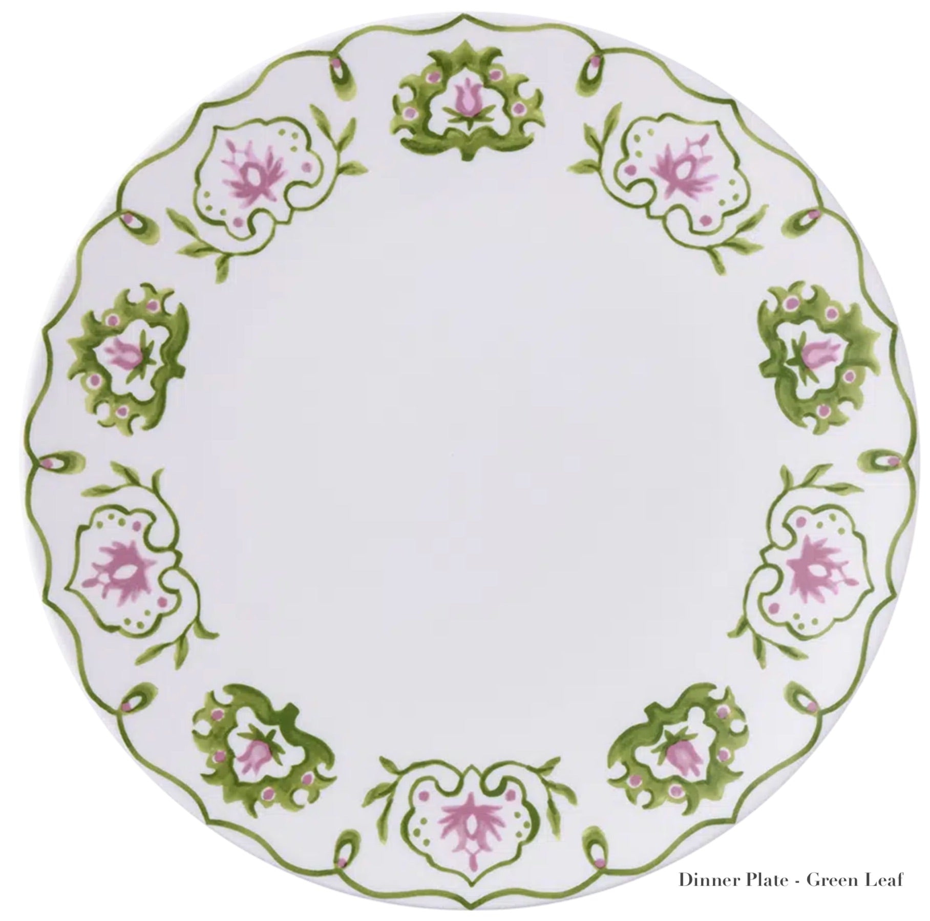 The Royal Crown Derby Cobblers Cove Camelot Dinnerware Collection offers a round white bone china dinner plate with a green and pink floral rim—ideal for luxury boutique hotel settings.