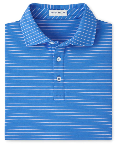 Folded men's classic fit Peter Millar blue and white striped dress shirt.