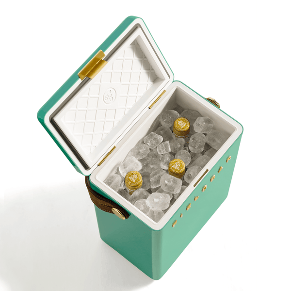 The Fieldbar Drinks Box Cooler Collection features a durable green box with an open lid, holding ice cubes and four gold-capped bottles inside for excellent thermal performance.