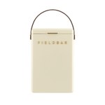 The Fieldbar Drinks Box Cooler Collection features a cream-colored, durable cooler with a brown handle and gold "FIELDBAR" logo, designed for superior thermal performance.