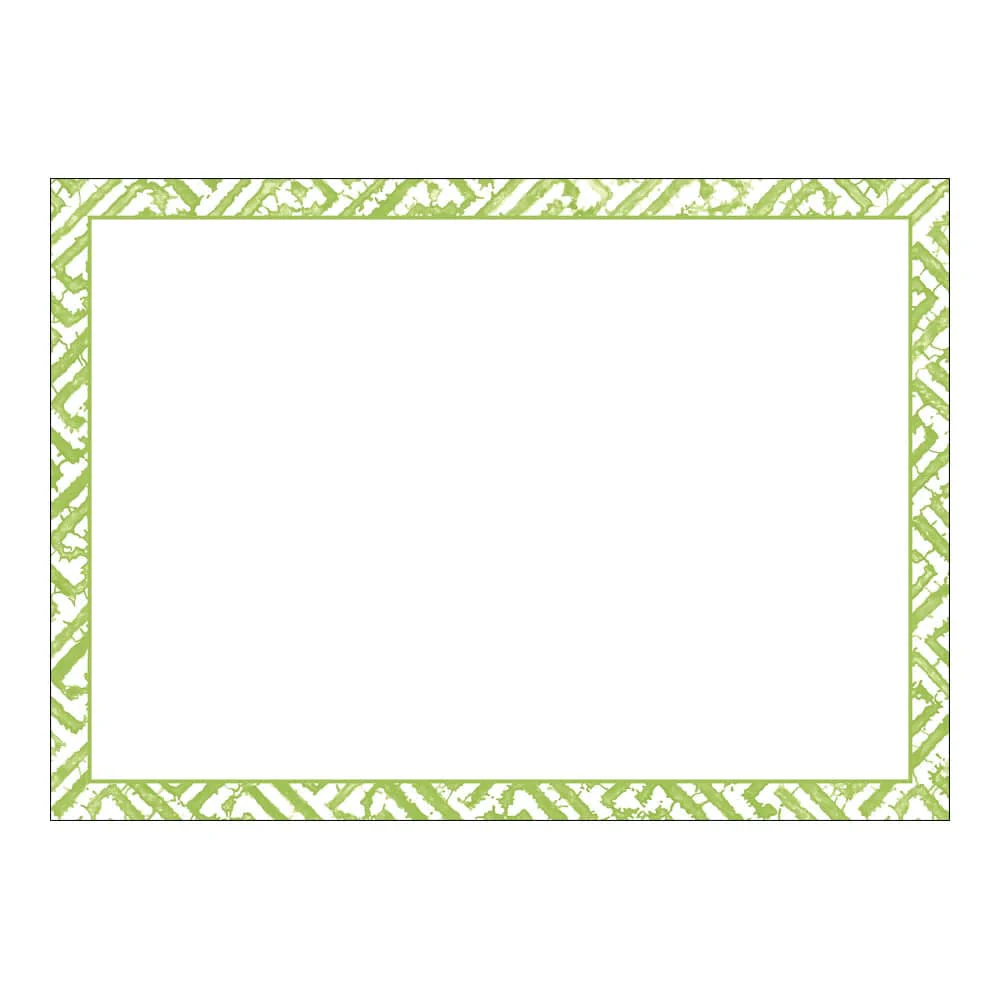 The Caspari Green Fretwork Card Set features a rectangular design with a green and white geometric border and a blank white center, resembling contemporary stationery crafted from heavyweight cardstock.