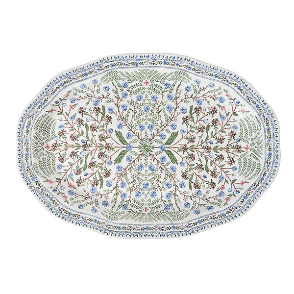 The Villa Seville Chambray serving platter by Juliska features detailed floral and bird motifs in blue, green, and pink with a decorative border—a stunning addition to your floral dinnerware collection.