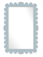 The Fleur Home Garden District Coquette Rectangle Mirror in Denim Wash features a light blue scalloped frame inspired by New Orleans' Queen Anne fishtail shingles and a clear, plain reflective surface.