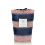 A Baobab Collection Elementos Téthys Candle in a multicolored glass container with shades of pink and blue, isolated on a white background.