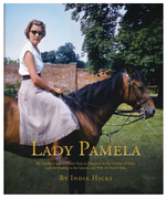 A woman in sunglasses and a white blouse sits side-saddle on a brown horse, with trees and a brick wall behind her. Text: Lady Pamela: My Mother's Extraordinary Years by Rizzoli—a biography of Lady Pamela, linked to Earl Mountbatten.
