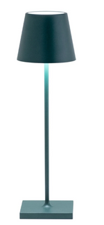The Zafferano America Poldina Pro Lamp in dark green features a modern, minimalist design with a conical shade and square base, delivering cordless lighting for both indoor and outdoor spaces.