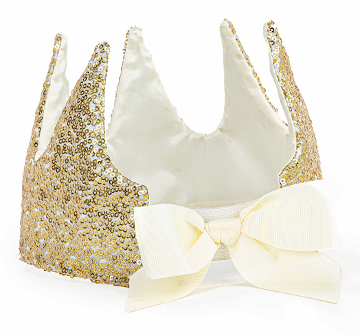A Great Pretenders Gracious Gold Sequins Crown with a bow.