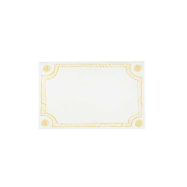 Juliska's Berry & Thread Place Cards feature a blank white card with a gold decorative border and circular designs at each corner—echoing the signature motif for an elegant touch to any table setting.
