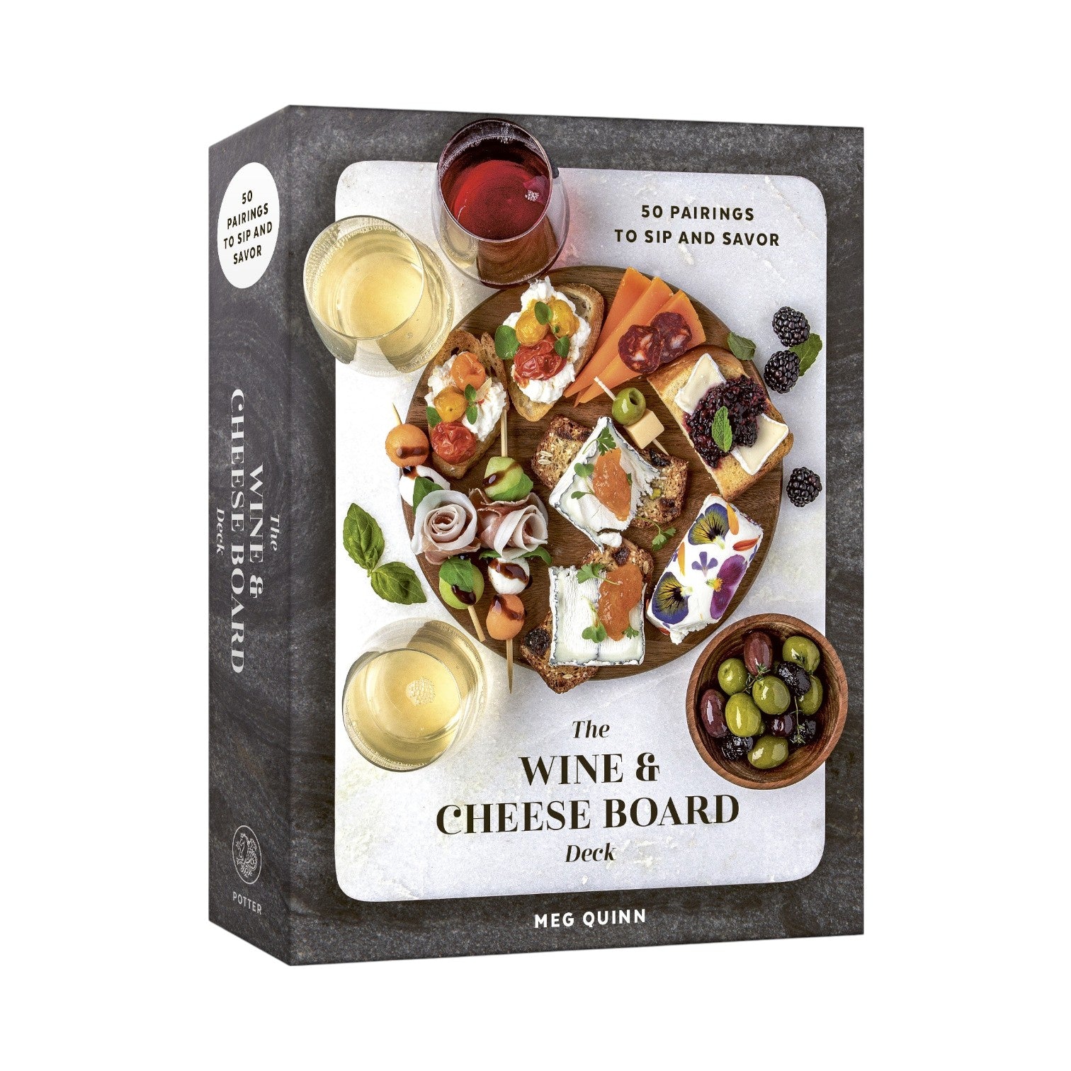 Box of "The Wine and Cheese Board Deck: 50 Pairings to Sip and Savor" by Penguin Random House, featuring a cover image of a wine and cheese board with assorted cheeses, fruits, olives, and two glasses of wine.