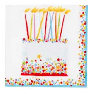 Add a festive touch to your table with Caspari’s Birthday Cake Collection napkin, featuring a colorful birthday cake with tall candles and multicolored confetti—perfect for party supplies or brightening up any celebration.