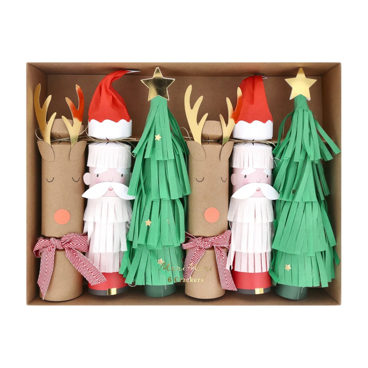 The Meri Meri Santa, Reindeer & Tree Crackers set includes six festive crackers with decorative paper and ribbons—ideal for bringing fun to your holiday table or starting a new family game tradition.