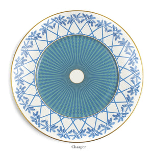 Azure Blue Dinnerware Collection charger plate by Pink House Mustique, crafted from Fine Bone China with a blue and white geometric floral design and gold rim. Elegantly custom-made, "Charger" labeled below.