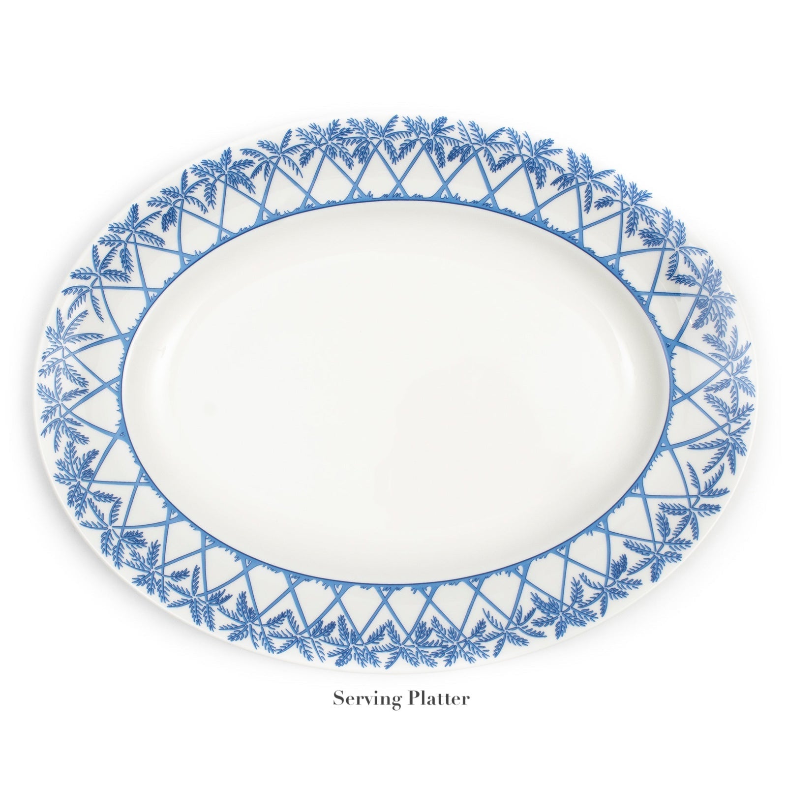 The Azure Blue Dinnerware Collection serving platter by Pink House Mustique features a white center with a blue geometric and leaf rim pattern, crafted from Fine Bone China. "Serving Platter" appears below the image.