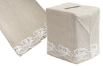 The Scrollfish Bath Collection by Haute Home, featuring Italian linen items in white on flax, showcases exquisite hand-embroidered white fish along the edges.