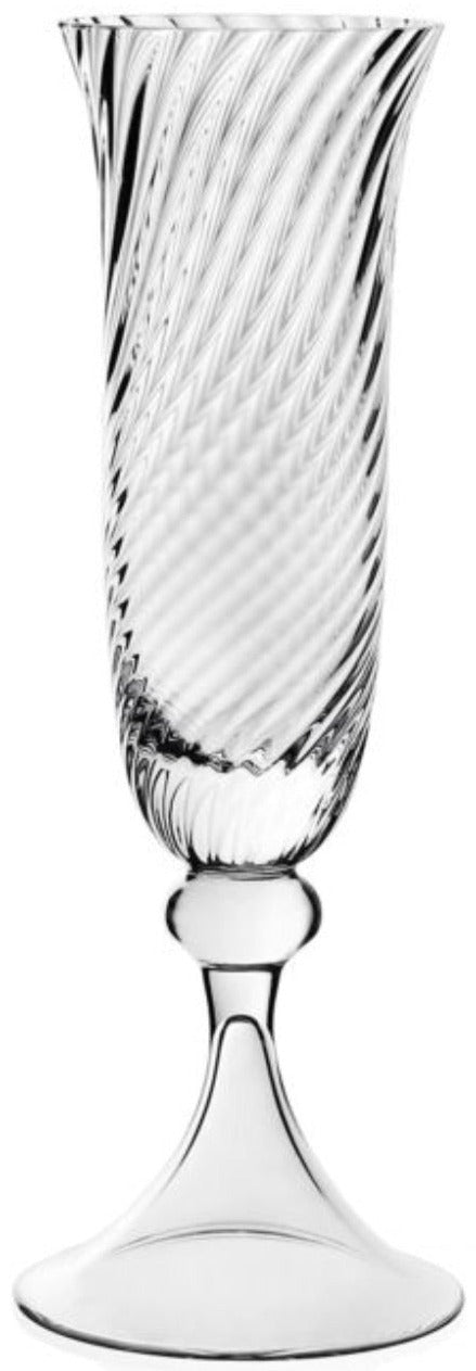 The William Yeoward Crystal Venetia Drinkware Collection features clear crystal goblets with spiral-patterned bowls, Venetian-inspired elegant stems, rounded accents, and wide flat bases.