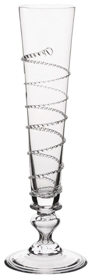 From Juliska’s Amalia Drinkware Collection, this tall, clear champagne flute features an intricate spiral glass design winding around the bowl from top to bottom.