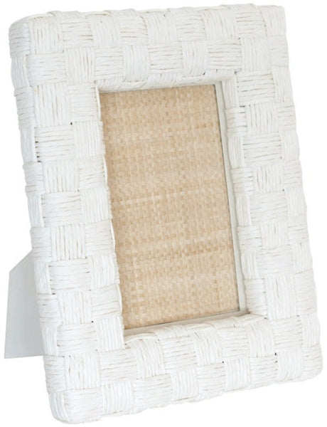 Cream-colored Pigeon & Poodle Nassau White Rope Frame featuring a textured, woven design with a stand on the back, isolated on a white background.