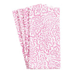 Set of three Caspari Block Print Leaves Napkins, featuring a pink leafy pattern on white cotton, inspired by Indian textiles.