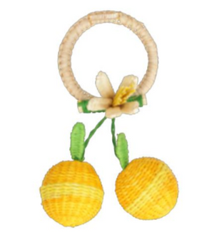 The Mercedes Salazar Lemon Napkin Ring features a woven design with a decorative flower and two yellow citrus-inspired accents with green leaves, adding a cheerful touch to your summer gatherings.
