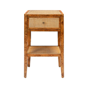 The Amara Nightstand Collection by Made Goods features a rectangular nightstand with a caned panel drawer front, shelf, four straight legs, and a light brown finish.