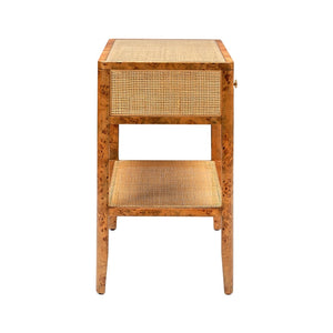 Front view of the Amara Nightstand Collection by Made Goods, showcasing a wooden frame, caned drawer and shelf panels, and straight legs, isolated on a white background.