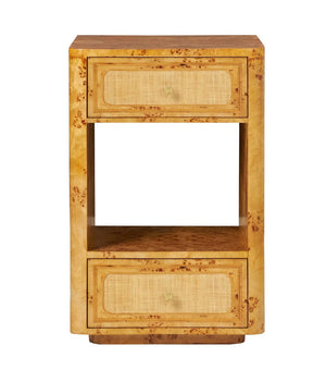 The Beaumont Nightstand Collection by Made Goods features a rectangular wooden nightstand with two drawers, a central open shelf, simple gold knobs, a light wood finish, and subtle woven raffia details.