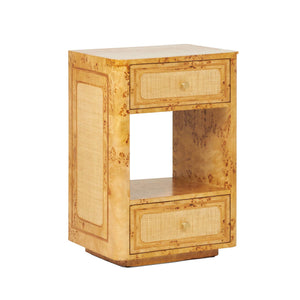 The Beaumont Nightstand Collection by Made Goods features a light wood nightstand with two drawers, a rectangular open shelf in the middle, and small round knobs for an elegant bedroom look.