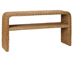 The Charlotte Console by Made Goods features a rectangular silhouette with rounded edges, a woven seagrass design, and an open lower shelf for added sophistication.