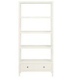 The Conrad Bookcase by Made Goods is a white, four-shelf bookcase with a bottom drawer, expertly crafted with simple, modern design inspired by the Conrad collection.