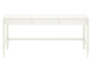 The Conrad Desk by Made Goods is a rectangular white Chinese-style console with three front drawers and four straight legs, shown against a white background.
