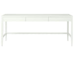 The Conrad Desk by Made Goods is a modern white desk with three front drawers and tapered legs, inspired by traditional Chinese consoles, shown against a plain white background.