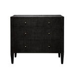 Made Goods Conrad Dresser features six round brass knobs, three spacious wood drawers, and tapered legs in a black finish, shown against a white background.