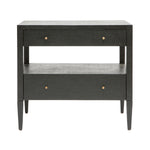 The Conrad Nightstand Collection by Made Goods features wood drawers, a black finish, tapered legs, two drawers with gold knobs, and an open middle shelf.