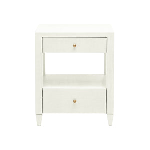 The Made Goods Conrad Nightstand from the Conrad Nightstand Collection features two wood drawers and a central open shelf, standing on four tapered legs, shown against a plain white background.