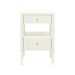 The Conrad Nightstand Collection by Made Goods features wood drawers, a central open shelf, small round gold knobs, and elegant faux raffia wrapping.