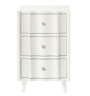 The Essery Nightstand from Made Goods features three white drawers with silver knobs, faux raffia textures, black outlining, and four angled legs—a stylish transitional piece for any room.