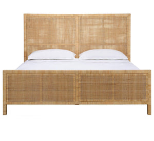 The Isla Bed Collection by Made Goods features a wooden frame with handwoven crisscross rattan panels, two white pillows, and a white mattress, displayed from the front against a white background.