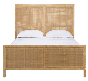 The Isla Bed Collection by Made Goods features a wooden frame with crisscross handwoven rattan headboard and footboard, finished with two white pillows and crisp white bedding.