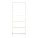 The Made Goods Jake Bookcase Narrow is a tall, white, five-tiered bookcase with an open back and minimalist design—ideal for small spaces. Shown photographed against a plain white background.