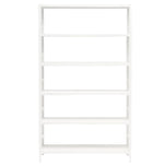 The Jake Bookcase by Made Goods, finished in Designer White Faux Belgian Linen, features five empty shelves and stands upright against a white background.