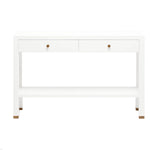 The Jarin Console Collection by Made Goods features a white rectangular table with a simple shape, two drawers with round knobs, a lower shelf, and a textured finish.