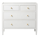 The Jarin Dresser Collection by Made Goods is a white linen dresser with gold knobs, offering two small top drawers and two larger bottom drawers. It features quality craftsmanship and smooth European glides for effortless use.